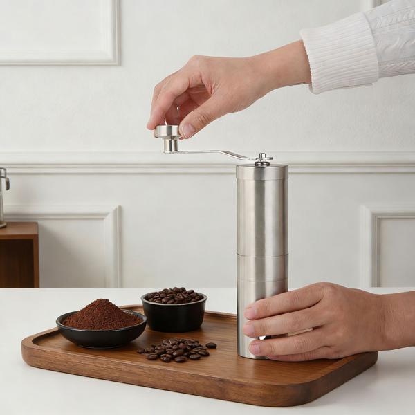 Robust stainless steel hand coffee grinder with ceramic grinding mechanism, stepless grind adjustment, removable handle, manual coffee grinder for espresso & filter coffee