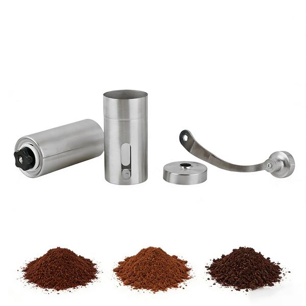 Robust stainless steel hand coffee grinder with ceramic grinding mechanism, stepless grind adjustment, removable handle, manual coffee grinder for espresso & filter coffee
