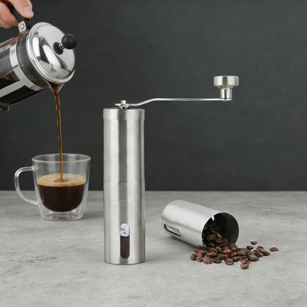 Robust stainless steel hand coffee grinder with ceramic grinding mechanism, stepless grind adjustment, removable handle, manual coffee grinder for espresso & filter coffee