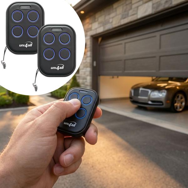 Set of 2 super universal remote controls: self-learning, 4-channel multi-frequency for gates, garages, roller shutters, irrigation & lighting – incl. battery!