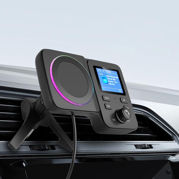 DAB+ FM Transmitter Auto Adapter – Bluetooth Freisprecheinrichtung, Qi 15W Schnell-Laden & Magnet-Halter – Dual USB QC 3.0/PD & TFT-Display