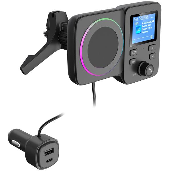 DAB+ FM Transmitter Auto Adapter – Bluetooth Freisprecheinrichtung, Qi 15W Schnell-Laden & Magnet-Halter – Dual USB QC 3.0/PD & TFT-Display