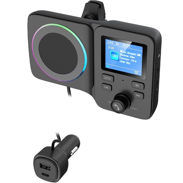 DAB+ FM Transmitter Auto Adapter – Bluetooth Freisprecheinrichtung, Qi 15W Schnell-Laden & Magnet-Halter – Dual USB QC 3.0/PD & TFT-Display