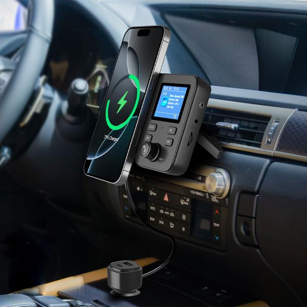 DAB+ FM Transmitter Auto Adapter – Bluetooth Freisprecheinrichtung, Qi 15W Schnell-Laden & Magnet-Halter – Dual USB QC 3.0/PD & TFT-Display