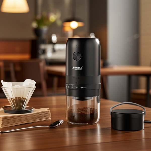 Mobile Elektrische Kaffeemühle – Konisches Keramik Mahlwerk, präzise einstellbar für den perfekten Espresso - Kabellos, USB-C Akku-Betrieb
