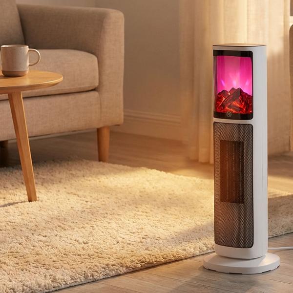 Keramik Heizlüfter 2000W mit Kamin Optik: Elektro Turm Heizer mit 8h Timer, Oszillation, Fernbedienung, ideal für Wohnzimmer & Büro - Sicher & Sparsam