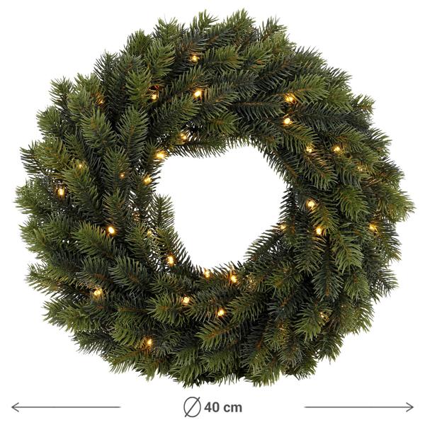 Wunderschöner 40cm LED Tannen-Kranz, Aussenbeleuchtung Schutzart IP44, 49 Lichter, Weihnachts-Deko für Tür & Fenster