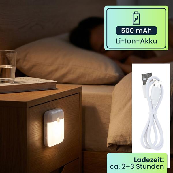 2er-Set LED Nachtlicht, Bewegungssensor: Akku Schrankleuchte, USB aufladbar, selbstklebend & magnetisch – Ideal als Treppenlicht & für Kleiderschrank
