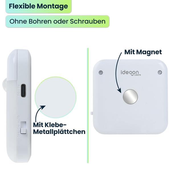 2er-Set LED Nachtlicht, Bewegungssensor: Akku Schrankleuchte, USB aufladbar, selbstklebend & magnetisch – Ideal als Treppenlicht & für Kleiderschrank
