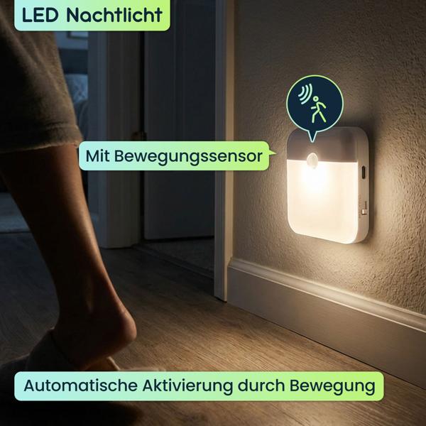 2er-Set LED Nachtlicht, Bewegungssensor: Akku Schrankleuchte, USB aufladbar, selbstklebend & magnetisch – Ideal als Treppenlicht & für Kleiderschrank