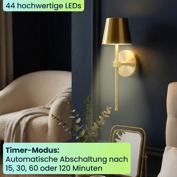 2er-Set Elegante LED Wandleuchte kabellos mit Fernbedienung: Akku Wandlampe dimmbar in Gold, USB aufladbar mit Timer & Touch-Sensor