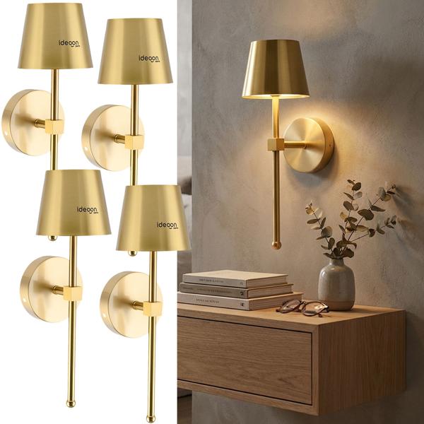 4er-Set Elegante LED Wandleuchte kabellos mit Fernbedienung: Akku Wandlampe dimmbar in Gold, USB aufladbar mit Timer & Touch-Sensor