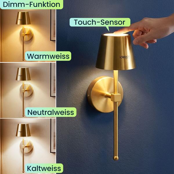 4er-Set Elegante LED Wandleuchte kabellos mit Fernbedienung: Akku Wandlampe dimmbar in Gold, USB aufladbar mit Timer & Touch-Sensor