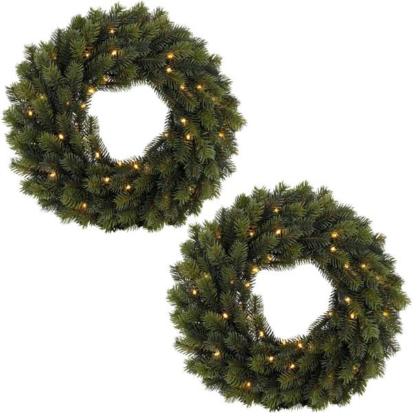 Set of 2 beautiful 40 cm LED fir wreaths, outdoor lighting IP44 rating, 49 lights, Christmas decor for door & window