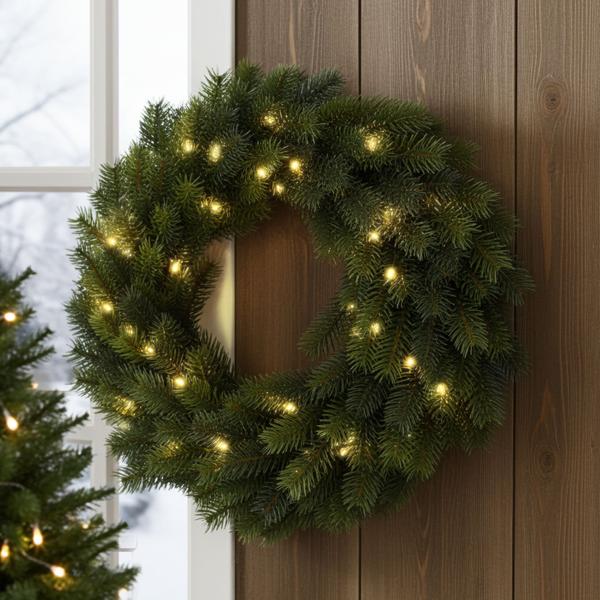 Set of 2 beautiful 40 cm LED fir wreaths, outdoor lighting IP44 rating, 49 lights, Christmas decor for door & window