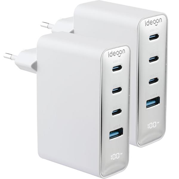 2er-Set 100W GaN III USB-Ladegerät mit 4 Ports, 3x USB-C & 1x USB-A, Schnellladegerät mit LED-Display, PD, feuerfestes Gehäuse, für Laptop und Handy