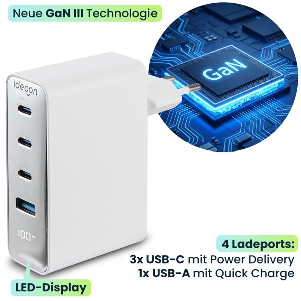 2er-Set 100W GaN III USB-Ladegerät mit 4 Ports, 3x USB-C & 1x USB-A, Schnellladegerät mit LED-Display, PD, feuerfestes Gehäuse, für Laptop und Handy