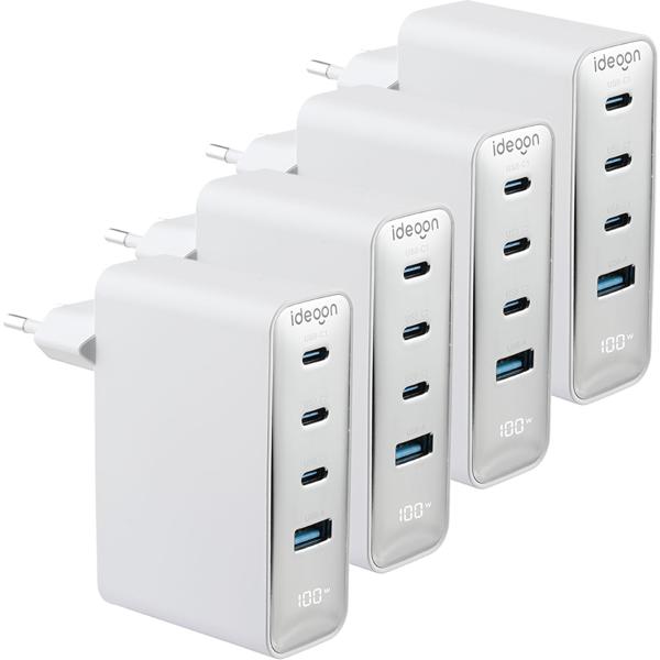 4er-Set 100W GaN III USB-Ladegerät mit 4 Ports, 3x USB-C & 1x USB-A, Schnellladegerät mit LED-Display, PD, feuerfestes Gehäuse, für Laptop und Handy