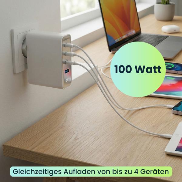 4er-Set 100W GaN III USB-Ladegerät mit 4 Ports, 3x USB-C & 1x USB-A, Schnellladegerät mit LED-Display, PD, feuerfestes Gehäuse, für Laptop und Handy
