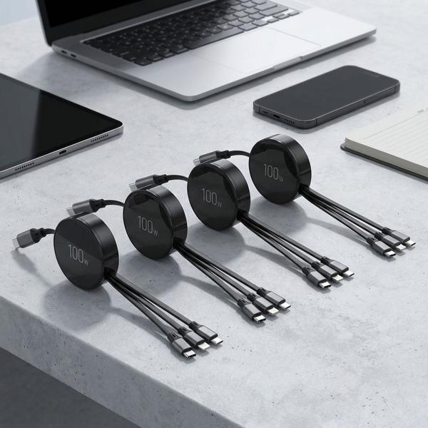 4er-Set 3in1 Roll-Ladekabel: 100W Power für Android & iPhone. 1m ausziehbar, extrem robust & ohne Kabelsalat - USB-C Lightning Micro Schnellladekabel