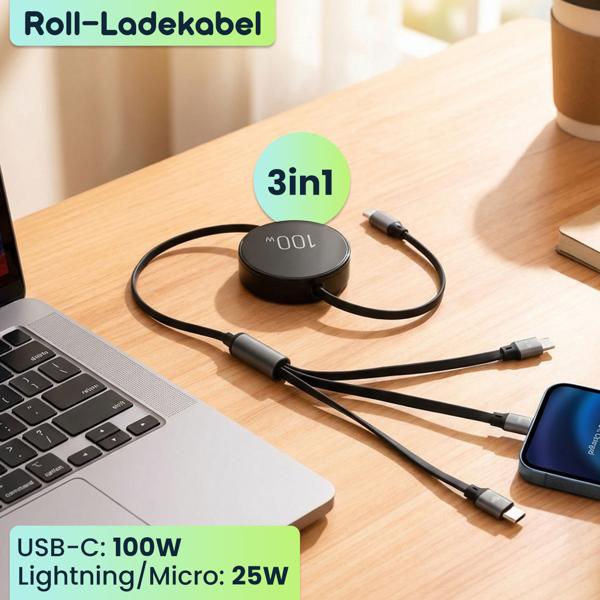 4er-Set 3in1 Roll-Ladekabel: 100W Power für Android & iPhone. 1m ausziehbar, extrem robust & ohne Kabelsalat - USB-C Lightning Micro Schnellladekabel