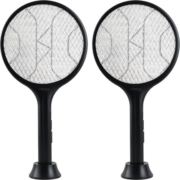 Set of 2 electric fly swatters with battery & UV light – mosquito catcher for optional stationary operation, with protective grid & USB-C port