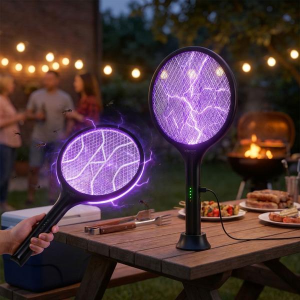 Set of 2 electric fly swatters with battery & UV light – mosquito catcher for optional stationary operation, with protective grid & USB-C port
