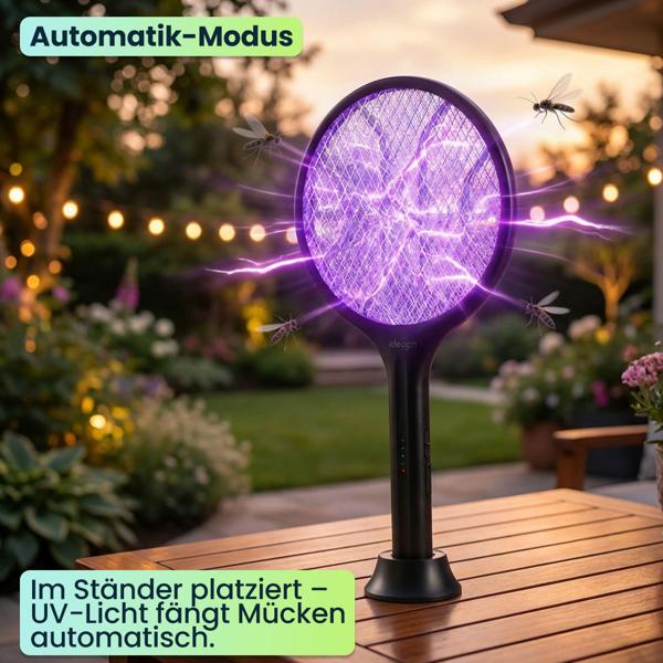 2er-Set Elektrische Fliegenklatsche mit Akku & UV-Licht - Mückenfänger für optionalen stationären Betrieb, mit Schutzgitter & USB-C Anschluss