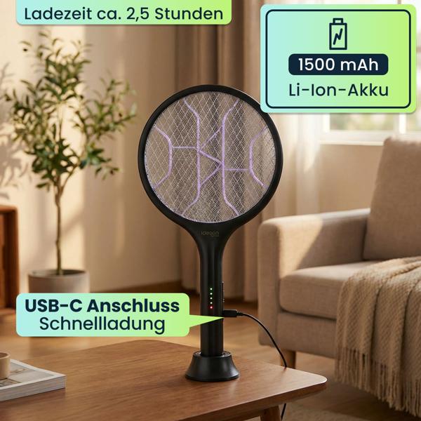 2er-Set Elektrische Fliegenklatsche mit Akku & UV-Licht - Mückenfänger für optionalen stationären Betrieb, mit Schutzgitter & USB-C Anschluss