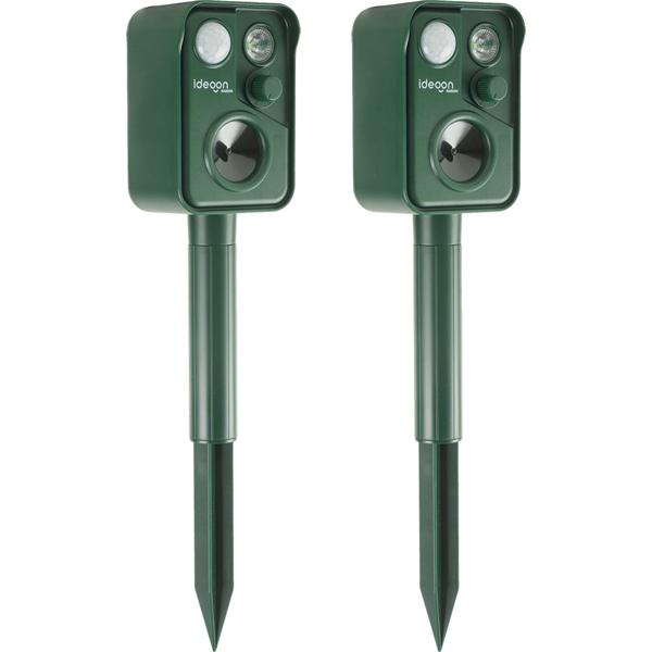 Set of 2 ultrasonic animal repellers with PIR sensor & LED flash light - 13.5–45.5 kHz, reliable solar animal scarer against martens, dogs and cats, birds