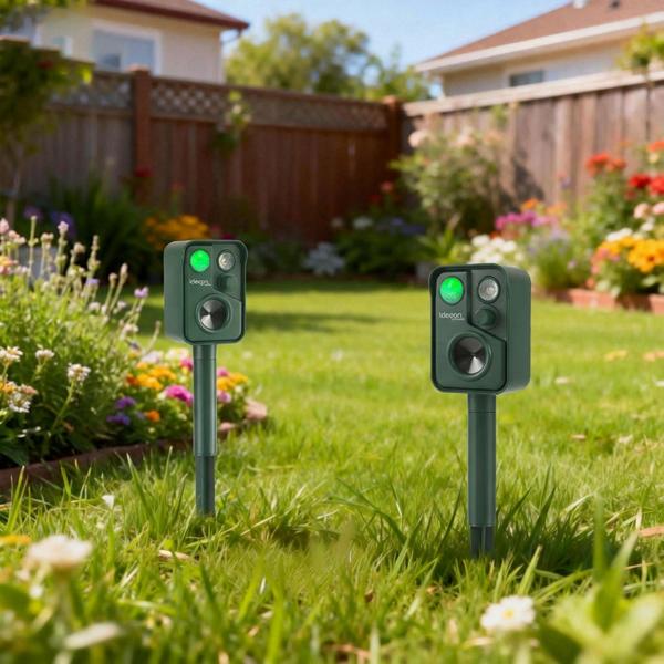 Set of 2 ultrasonic animal repellers with PIR sensor & LED flash light - 13.5–45.5 kHz, reliable solar animal scarer against martens, dogs and cats, birds