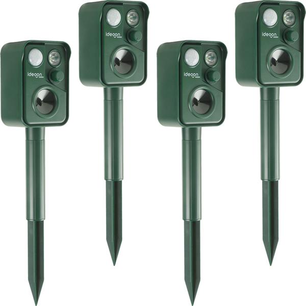 Set of 4 ultrasonic animal repellers with PIR sensor & LED flash light - 13.5–45.5 kHz, reliable solar animal scarer against martens, dogs and cats, birds
