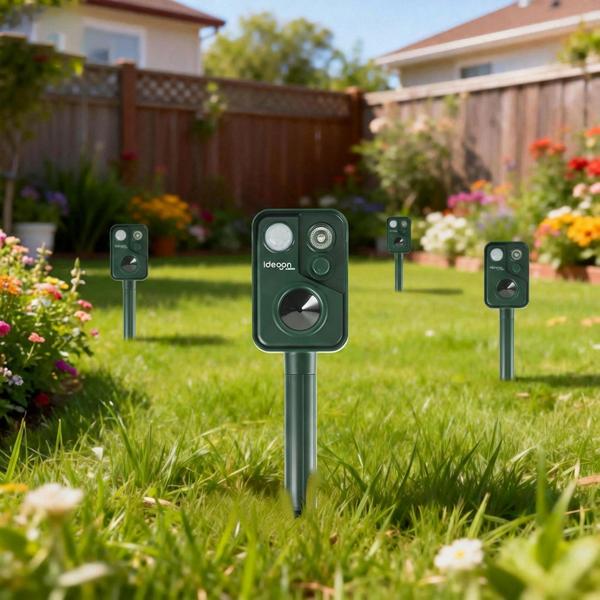 Set of 4 ultrasonic animal repellers with PIR sensor & LED flash light - 13.5–45.5 kHz, reliable solar animal scarer against martens, dogs and cats, birds