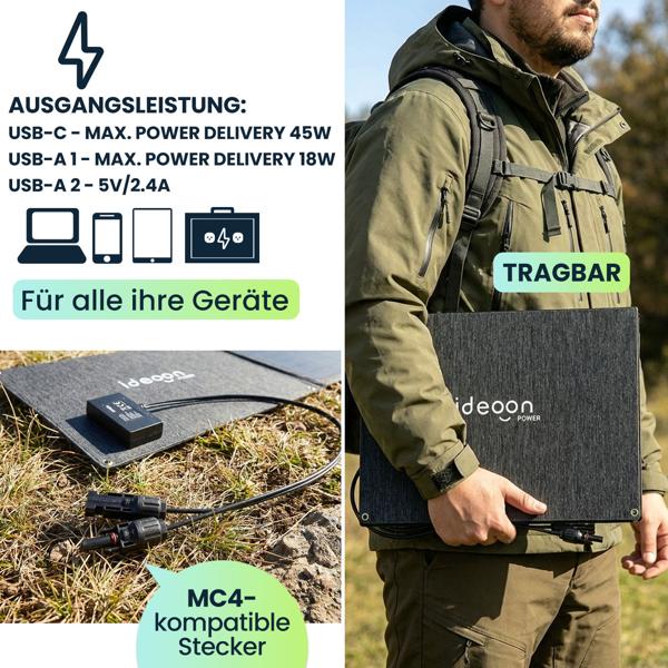 Faltbares Solarpanel 60W Monokristallin - Tragbares Solarladegerät IP65 mit MC4-komp. Stecker, DC Adapter, Ösen & Karabinern für Camping
