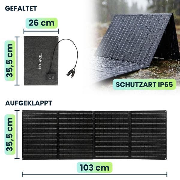 Faltbares Solarpanel 60W Monokristallin - Tragbares Solarladegerät IP65 mit MC4-komp. Stecker, DC Adapter, Ösen & Karabinern für Camping