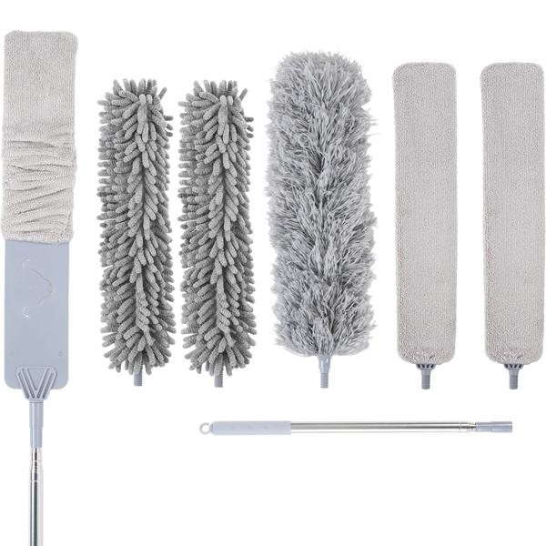 Profi 5in1 Staubwedel Set mit Teleskopstange 210cm ausziehbar, biegsame Mikrofaser Staubwischer für Deckenventilatoren, Möbel & hohe Ecken