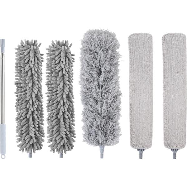 Profi 5in1 Staubwedel Set mit Teleskopstange 210cm ausziehbar, biegsame Mikrofaser Staubwischer für Deckenventilatoren, Möbel & hohe Ecken