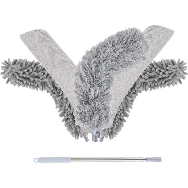 Profi 5in1 Staubwedel Set mit Teleskopstange 210cm ausziehbar, biegsame Mikrofaser Staubwischer für Deckenventilatoren, Möbel & hohe Ecken