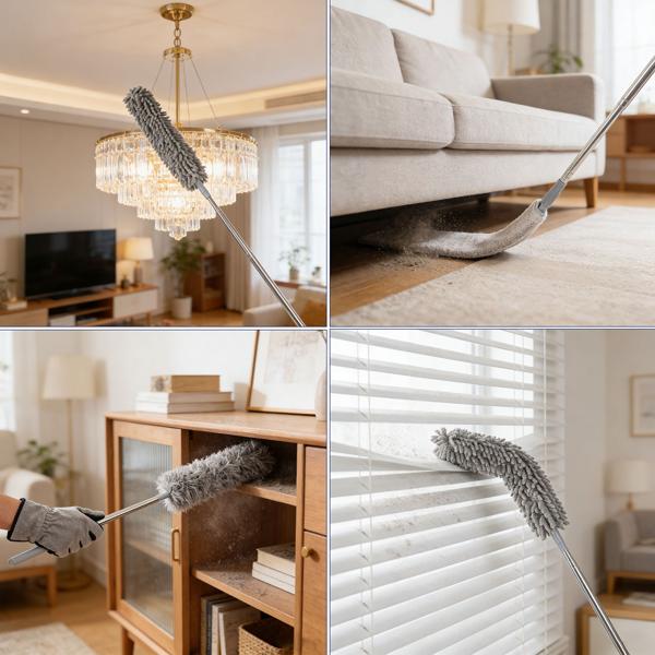 Profi 5in1 Staubwedel Set mit Teleskopstange 210cm ausziehbar, biegsame Mikrofaser Staubwischer für Deckenventilatoren, Möbel & hohe Ecken