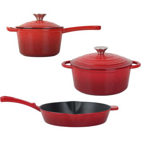 Professional cast iron pot set, 3-piece, set with frying pan, cooking pot and saucepan, enamelled cookware for all hob types, induction & oven