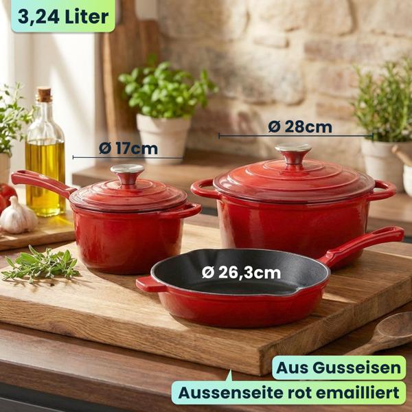 Profi Gusseisen Topfset 3-teilig, Set aus Pfanne, Kochtopf und Stielkasserolle, Emailliertes Kochgeschirr für alle Herdarten, Induktion & Backofen