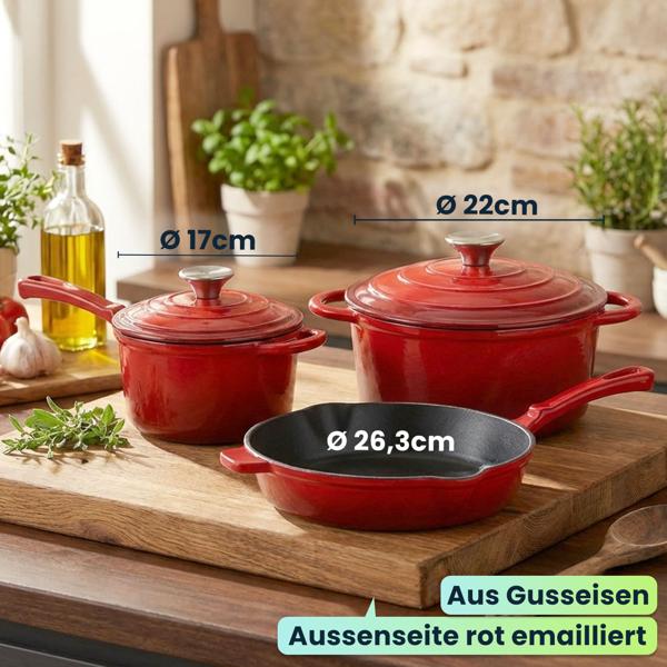 Profi Gusseisen Topfset 3-teilig, Set aus Pfanne, Kochtopf und Stielkasserolle, Emailliertes Kochgeschirr für alle Herdarten, Induktion & Backofen