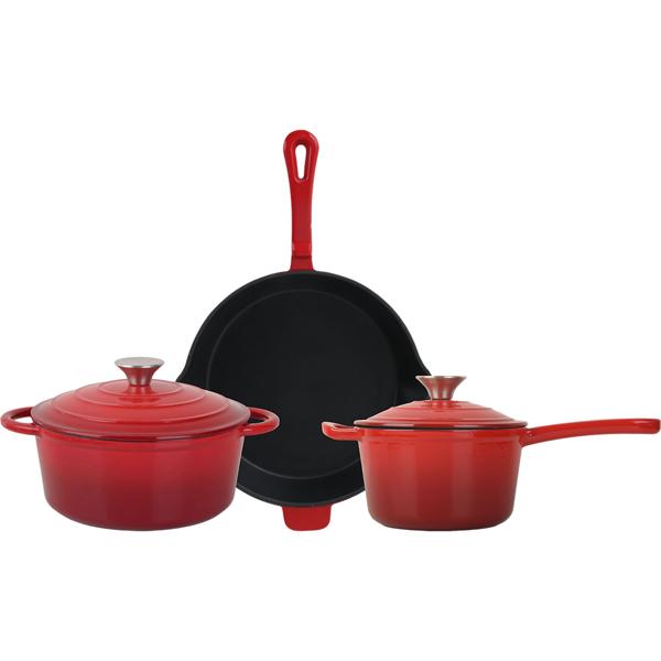 Professional cast iron pot set, 3-piece, set with frying pan, cooking pot and saucepan, enamelled cookware for all hob types, induction & oven