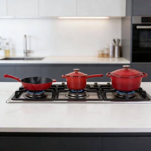 Professional cast iron pot set, 3-piece, set with frying pan, cooking pot and saucepan, enamelled cookware for all hob types, induction & oven
