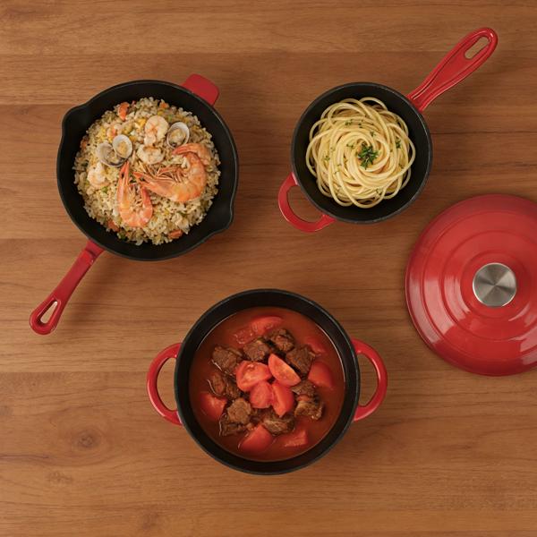 Professional cast iron pot set, 3-piece, set with frying pan, cooking pot and saucepan, enamelled cookware for all hob types, induction & oven