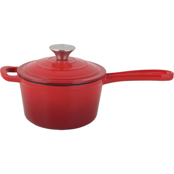 Gusseisen Stielkasserolle mit Deckel Rot, Ø 17cm, 1,6 Liter Volumen, hochwertiger Saucentopf für alle Herdarten & Induktion, 17x10 cm, 2,65kg