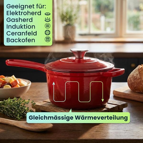 Gusseisen Stielkasserolle mit Deckel Rot, Ø 17cm, 1,6 Liter Volumen, hochwertiger Saucentopf für alle Herdarten & Induktion, 17x10 cm, 2,65kg