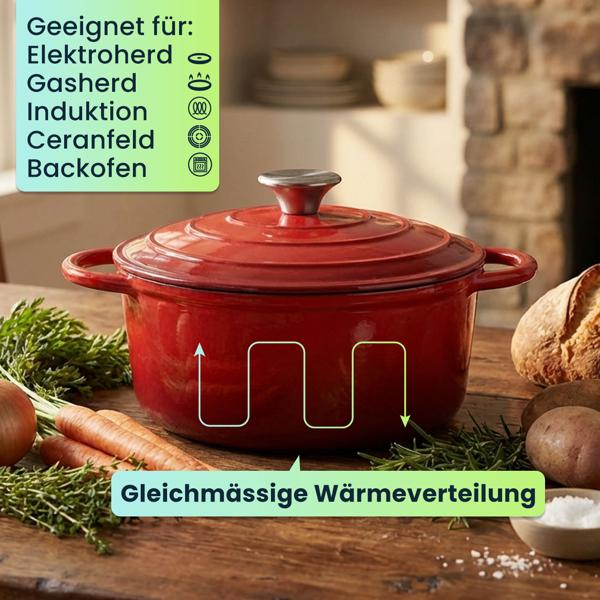 Gusseisen Topf mit Deckel 22cm Rund, Emaillierter Schmortopf 2,2L Rot, Bräter für alle Herdarten wie Induktion, Backofenfestes Kochgeschirr Profi