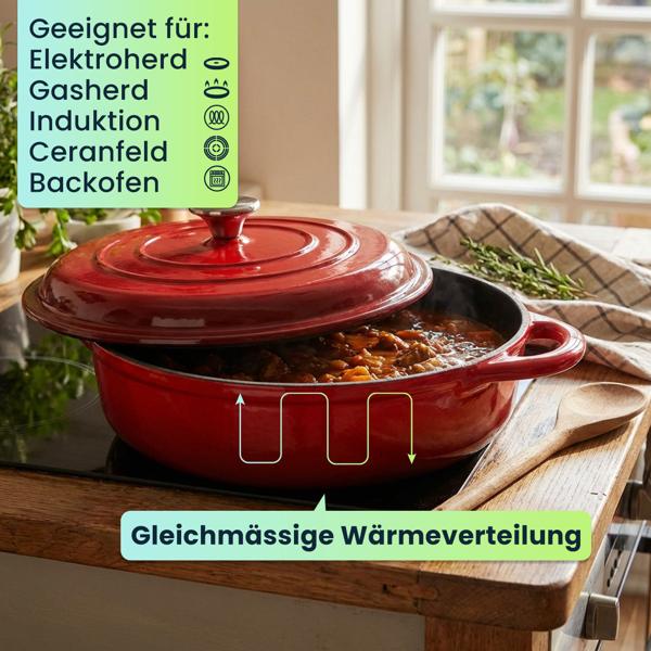 Gusseisen Topf mit Deckel 28cm Rund, Emaillierter Schmortopf 3,24L Rot, Bräter für alle Herdarten wie Induktion, Backofenfestes Kochgeschirr Profi