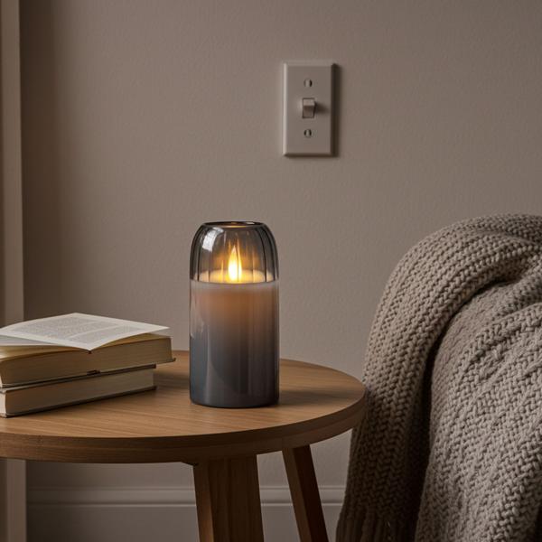 LED Kerze Grau 7,5 x 15 cm: Bewegliche Flamme, warmweisses Licht, flackernd - hochwertige Deko Kerze, gemütliche LED-Beleuchtung, modern & sicher